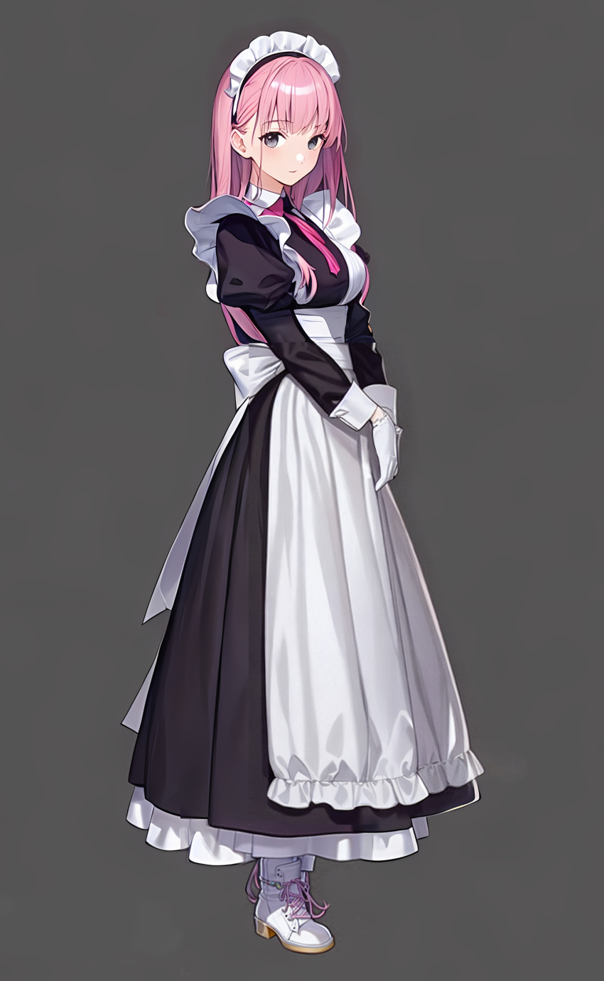 1girl absurdres apron black_dress breasts dress frills full_body gloves grey_background grey_eyes helado533 highres juliet_sleeves long_dress long_hair long_sleeves looking_at_viewer maid maid_apron maid_headdress neckerchief original pink_hair pink_neckerchief puffy_sleeves simple_background standing straight_hair white_apron white_footwear white_gloves