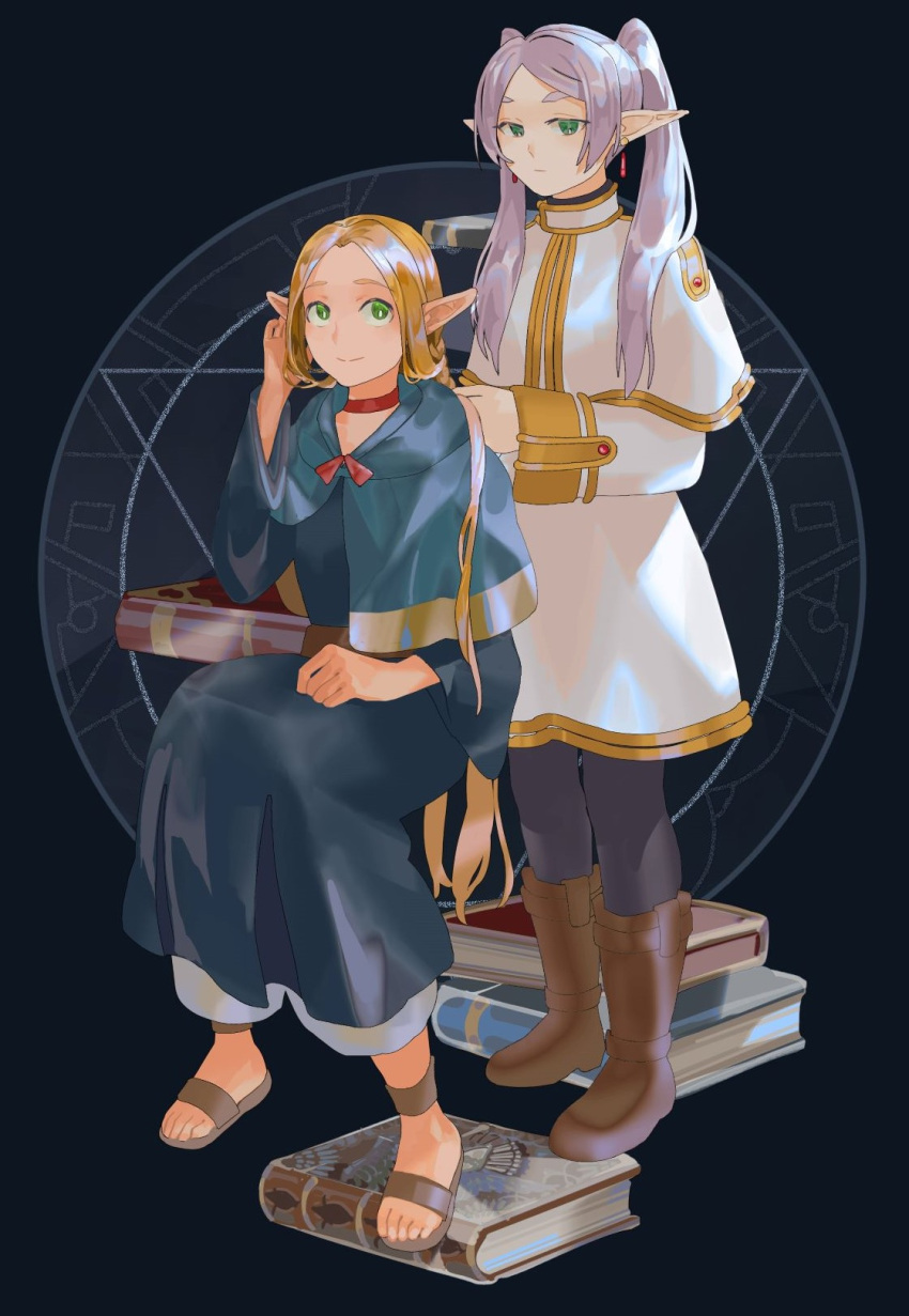 2girls black_pantyhose blonde_hair blue_capelet blue_robe book book_stack boots braid braiding_hair brown_footwear capelet choker closed_mouth commentary dress dungeon_meshi earrings elf english_commentary frieren full_body green_eyes hairdressing highres hood hooded_capelet invisible_chair jewelry long_hair long_pointy_ears long_sleeves looking_at_viewer marcille_donato multiple_girls pantyhose parted_bangs pointy_ears polynis red_choker robe sandals sitting smile sousou_no_frieren species_connection split_mouth standing thick_eyebrows toes trait_connection twintails very_long_hair white_capelet white_dress white_hair
