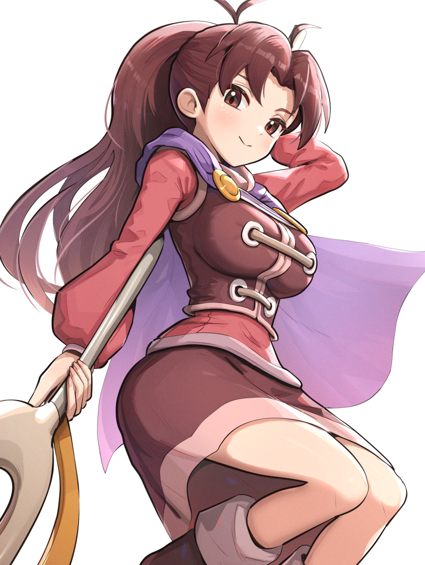 1girl absurdres antenna_hair arm_behind_head breasts brown_eyes brown_hair cape commentary_request golden_sun gonzarez highres jenna_(golden_sun) looking_at_viewer medium_breasts ponytail purple_cape smile solo staff white_background
