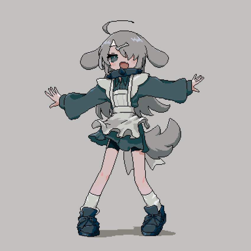 1girl absurdres ahoge animal_ears apron bike_shorts black_footwear black_shirt black_skirt blush bone_hair_ornament collar collared_shirt dog_ears dog_girl dog_tail floppy_ears grey_background grey_eyes grey_hair hair_ornament hair_over_one_eye highres long_hair long_sleeves looking_at_viewer nuinuiwawan_(character) open_mouth outstretched_arms pixel_art pleated_skirt shirt sidelocks simple_background sivcha skirt smile socks solo spiked_collar spikes spread_arms standing tail tongue white_apron white_socks