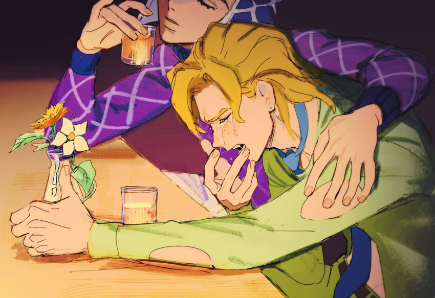 2boys arm_around_shoulder blonde_hair blue_necktie closed_eyes commentary crying cup earrings flower glass guido_mista hat holding holding_cup jewelry jojo_no_kimyou_na_bouken male_focus multiple_boys necktie pannacotta_fugo s90jiiqo2xf0fk5 sitting streaming_tears stud_earrings symbol-only_commentary table tears vento_aureo