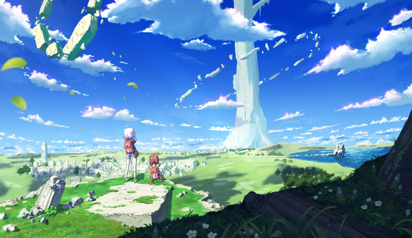 2girls backpack bag blue_sky brown_hair cat_girl cat_tail cliff clouds cloudy_sky commentary_request day dog_girl dog_tail falling_leaves fantasy floating floating_object grass hololive inugami_korone leaf megastructure multiple_girls nekomata_okayu nokisaki_nibosi on_grass outdoors partial_commentary pointing purple_hair scenery sitting sky standing tail very_wide_shot virtual_youtuber wide_shot