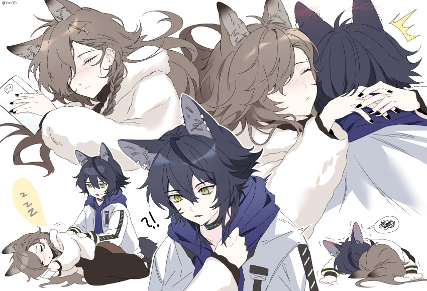 !? 1boy 1girl ^^^ animal_ear_piercing animal_ears arknights black_hair black_nails black_shirt blue_hoodie blush braid brown_hair chibi couple fur_jacket hair_over_one_eye hetero highres holding holding_phone hood hoodie hug infection_monitor_(arknights) jacket long_hair lying multiple_views nail_polish official_alternate_costume on_side parted_lips penance_(arknights) penance_(occasionally_flushed)_(arknights) phone rio_(rio773) shirt short_hair side_braid simple_background sleeping spoken_squiggle spoken_zzz squiggle tail twitter_username upper_body vigil_(arknights) vigil_(the_other_side_of_siracusa)_(arknights) white_background white_jacket wolf_boy wolf_ears wolf_tail yellow_eyes zzz