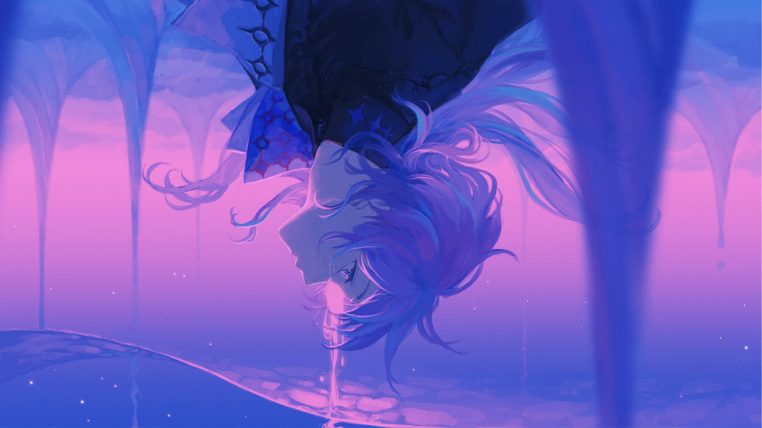 1boy ascot ashio_1489 black_shirt blue_hair blue_theme caustics collared_shirt dripping floating_hair from_side gradient_background hashtag_only_commentary highres hoshirube_sho light_particles long_hair looking_up male_focus multicolored_hair nijisanji nijisanji_en portrait profile purple_hair shirt solo streaked_hair surreal upside-down virtual_youtuber wading water wet