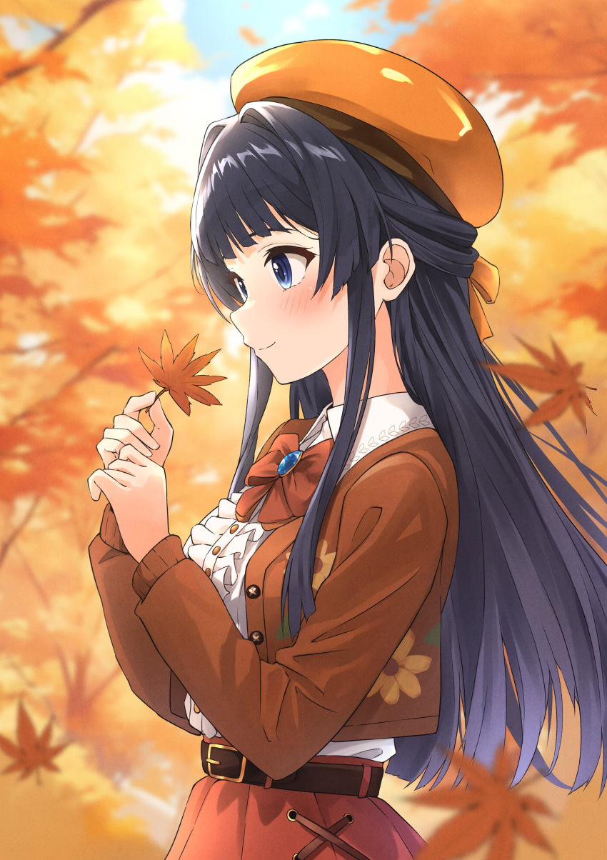 absurdres autumn_leaves b1ack_illust belt belted_skirt black_belt black_hair blue_eyes blue_sky blurry blurry_background blurry_foreground blush bow bowtie brown_bow brown_bowtie brown_headwear brown_jacket clouds commentary_request day falling_leaves frilled_shirt frills highres holding holding_leaf idolmaster idolmaster_million_live! jacket leaf long_hair long_sleeves mogami_shizuka outdoors red_skirt shirt sidelocks skirt sky smile tree upper_body white_shirt wing_collar
