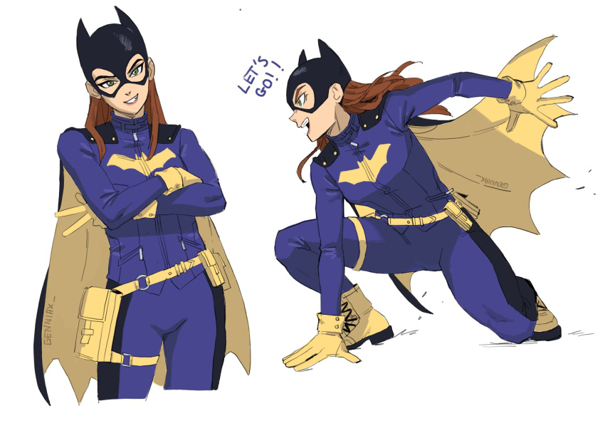 1girl :d batgirl batman_(series) belt bodysuit breasts brown_hair cape cropped_legs crossed_arms dc_comics english_text from_side gloves grin highres jenxd_d looking_at_viewer mask medium_breasts multiple_views pouch smile superhero teeth two-sided_cape two-sided_fabric yellow_cape