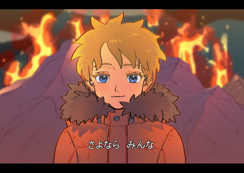 1boy animification blonde_hair blue_eyes commentary_request hood hood_down jacket kenny_mccormick letterboxed male_focus molten_rock orange_jacket s90jiiqo2xf0fk5 solo south_park south_park:_bigger_longer_and_uncut translation_request upper_body volcano