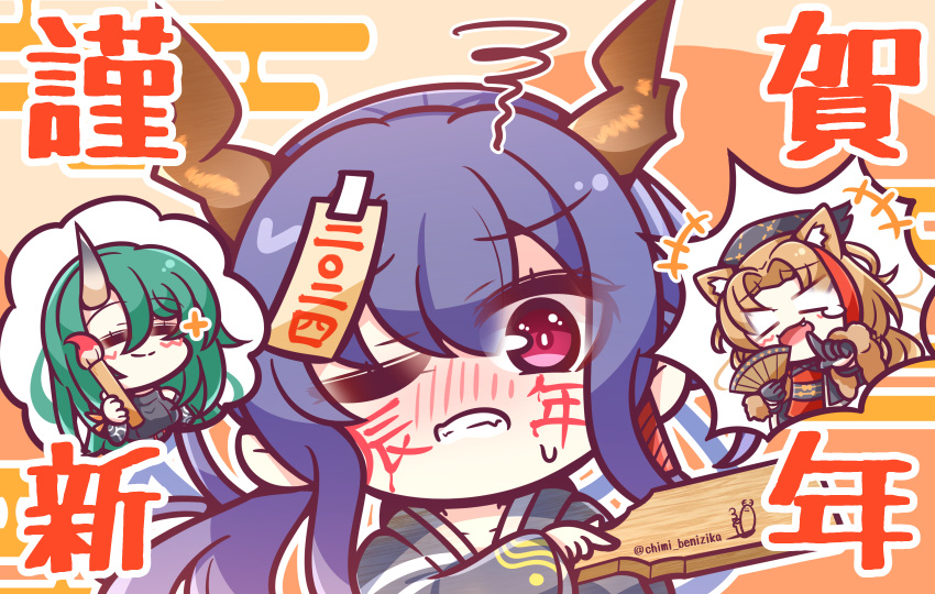 +++ 3girls :d absurdres arknights benizika black_gloves black_headwear blue_hair blush breasts brown_hair ch'en_(arknights) chibi clenched_teeth closed_eyes commentary_request dragon_horns egasumi facepaint fang folding_fan gloves green_hair grey_kimono hagoita hair_between_eyes hand_fan highres holding holding_fan holding_paintbrush horns hoshiguma_(arknights) japanese_clothes kimono long_hair medium_breasts multicolored_hair multiple_girls nose_blush obi outline paddle paintbrush parted_bangs pointing red_kimono redhead sash single_horn smile squiggle streaked_hair swire_(arknights) tears teeth twitter_username white_outline