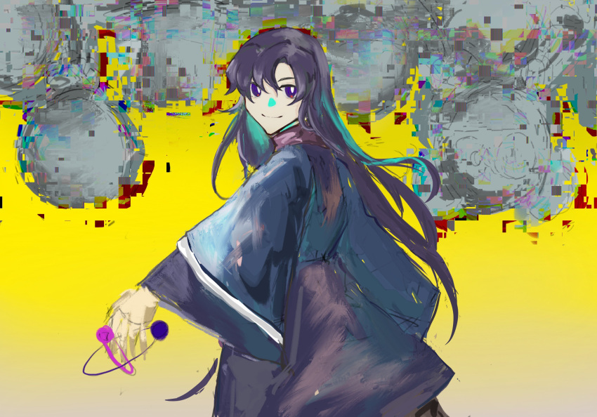 1other androgynous blue_capelet capelet clause_(len'en) closed_mouth coat die8634626 glitch highres len'en long_hair long_sleeves looking_at_viewer other_focus pink_shirt purple_coat purple_hair shirt sketch smile solo swept_bangs violet_eyes white_trim wide_sleeves