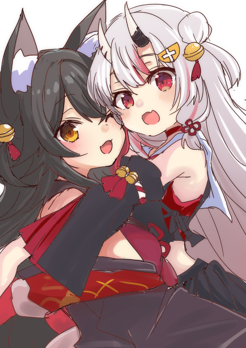 2girls absurdres animal_ear_fluff animal_ears bell black_hair black_sleeves blush center-flap_bangs commentary cowboy_shot detached_sleeves fang hair_bell hair_bun hair_ornament highres hololive hug jingle_bell long_hair looking_at_viewer multicolored_hair multiple_girls nakiri_ayame nakiri_ayame_(1st_costume) one_eye_closed oni ookami_mio open_mouth red_eyes redhead roboro935672 skin_fang smile streaked_hair symbol-only_commentary virtual_youtuber white_hair wolf_ears wolf_girl yellow_eyes