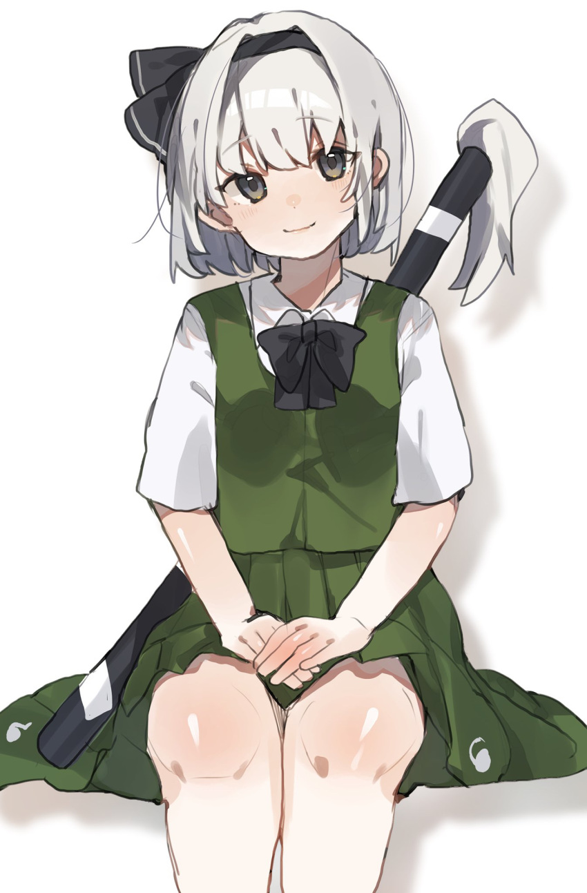 1girl black_bow black_bowtie black_eyes black_hairband bow bow_hairband bowtie closed_mouth collared_shirt gominami green_skirt green_vest hair_bow hairband head_tilt highres invisible_chair konpaku_youmu looking_at_viewer shirt short_hair simple_background sitting skirt smile solo sword sword_on_back touhou vest weapon weapon_on_back white_background white_hair white_shirt