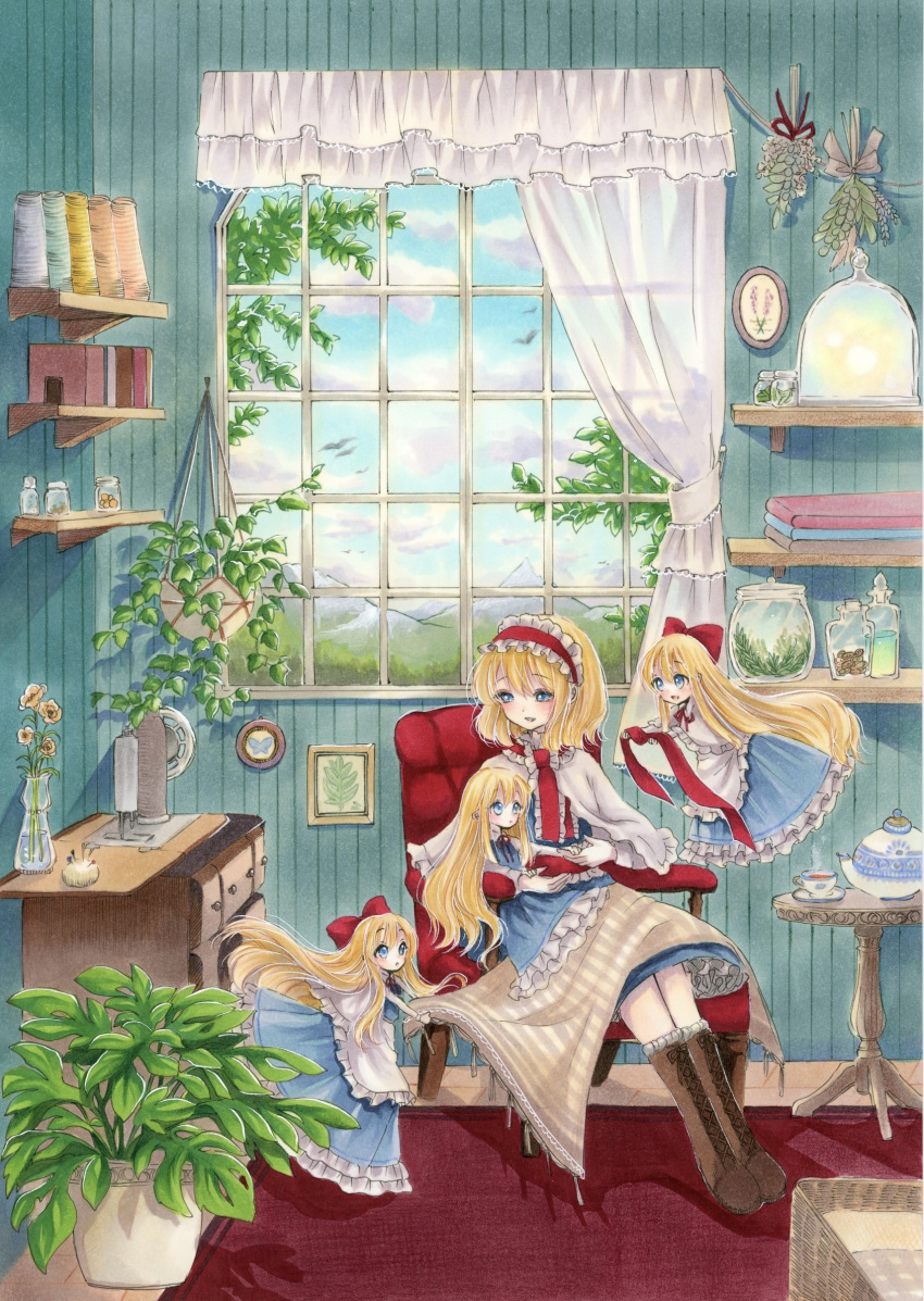 1girl alice_margatroid blonde_hair blue_dress blue_eyes blush boots bow brown_footwear capelet clouds cloudy_sky commentary_request container cup curtains day doll dress floating flower frilled_hairband frills glass_container hair_bow hairband hanging_plant highres holding holding_ribbon indoors jar lolita_hairband long_hair marker_(medium) mountain neck_ribbon on_chair open_mouth picture_frame plant plate potted_plant red_bow red_hairband red_ribbon ribbon sewing_machine shanghai_doll short_hair sitting sky smile solo spool steam tea teacup teapot touhou traditional_media vase very_long_hair white_capelet window yuuki_hana_(jtnp5334)
