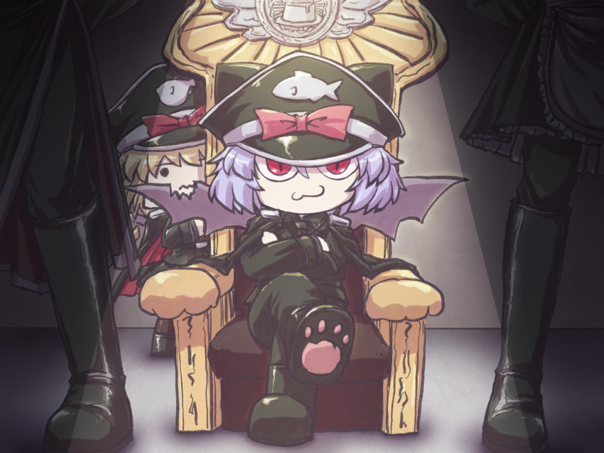 2girls 2others alternate_costume animal_print aokukou bat_wings black_cape black_headwear black_pants blonde_hair blue_hair boots bow cape closed_mouth commentary crossed_arms crossed_legs epaulettes fish_print flandre_scarlet food hat hat_bow hellsing highres long_sleeves multiple_girls multiple_others pants parody pudding red_bow red_eyes remilia_scarlet short_hair siblings sisters sitting slit_pupils spotlight throne torn_wings touhou two-sided_cape two-sided_fabric wings