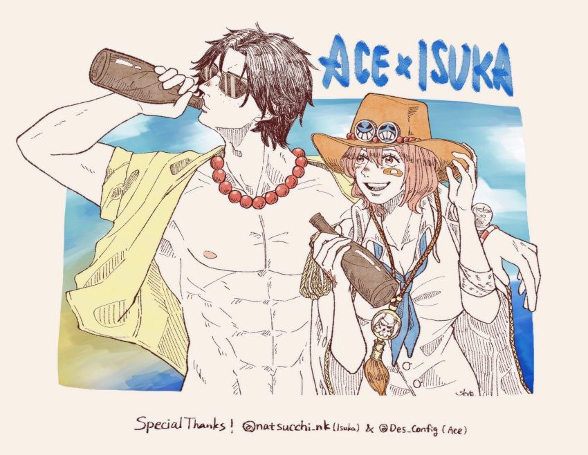 1boy 1girl abs bad_id bad_pixiv_id bandaid bandaid_on_cheek bandaid_on_face bead_necklace beads black_hair blue_neckerchief bottle character_name cowboy_hat drinking english_text freckles hat highres holding holding_bottle isuka_(one_piece) jewelry log_pose neckerchief necklace one_piece open_clothes open_mouth orange_headwear pink_hair portgas_d._ace short_hair skrbpomodo smile sunglasses teeth topless_male