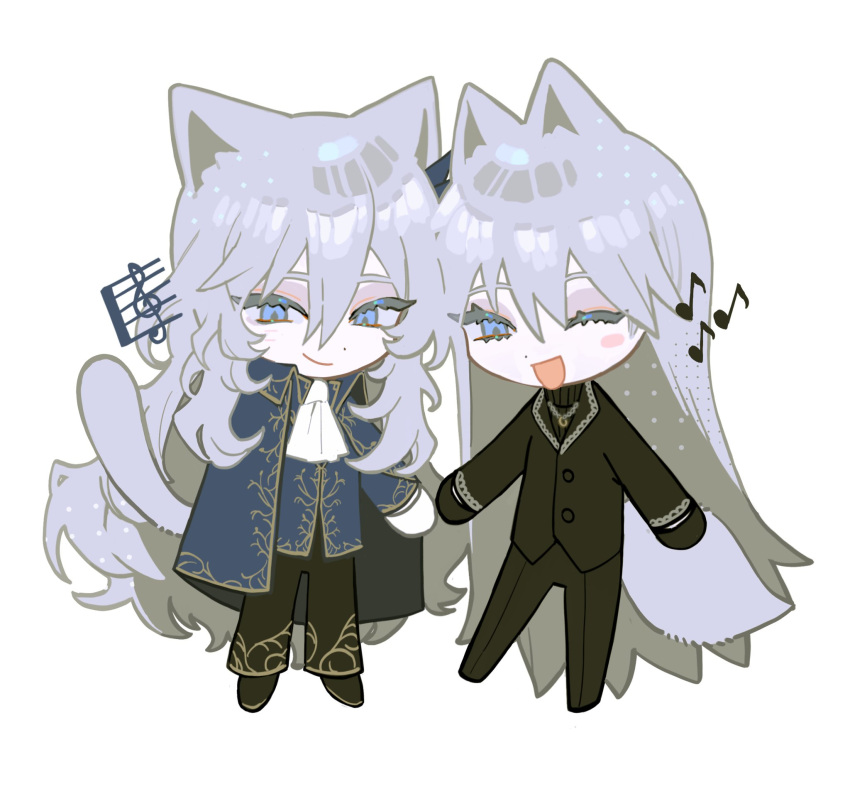 1boy 1girl angelica_(project_moon) animal_ears argalia_(project_moon) ascot black_gloves black_jacket black_pants blue_cape blue_jacket blush brother_and_sister cape cat_ears cat_tail chibi fox_ears fox_tail full_body gloves gold_trim haloyxxxxxxx highres jacket library_of_ruina long_hair long_sleeves music one_eye_closed open_mouth pants project_moon siblings smile tail very_long_hair white_ascot white_hair