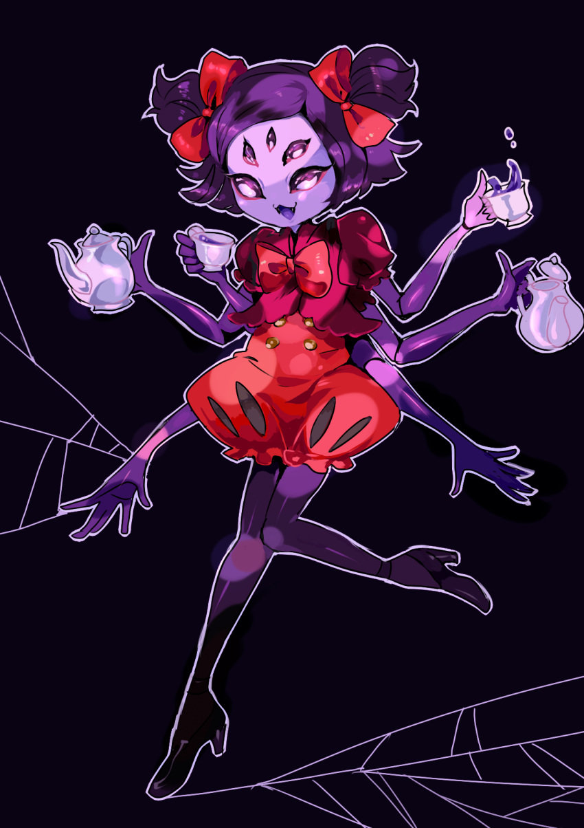 1girl arthropod_girl black_background black_footwear bow bowtie colored_skin commentary_request cup dress extra_arms extra_eyes fangs full_body hair_bow high_heels highres holding holding_cup holding_teapot monster_girl mottoimo muffet open_mouth pantyhose partial_commentary puffy_dress puffy_short_sleeves puffy_sleeves purple_hair purple_liquid purple_pantyhose purple_skin red_bow red_bowtie red_dress short_hair short_sleeves short_twintails silk simple_background smile solo spider_girl spider_web standing standing_on_one_leg teacup teapot twintails undertale violet_eyes