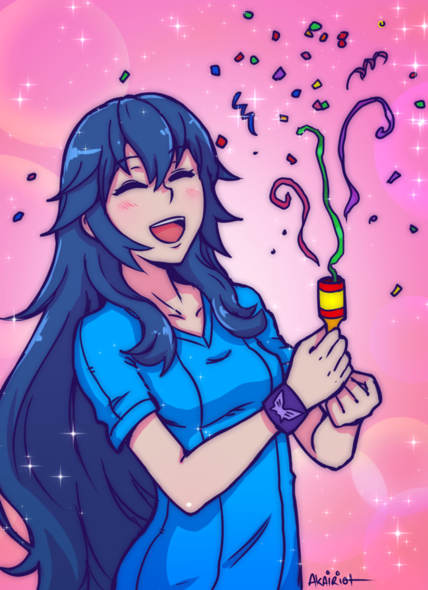 1girl ^_^ akairiot black_hair blush breasts casual closed_eyes confetti fire_emblem fire_emblem_awakening happy long_hair lucina_(fire_emblem) new_year open_mouth party_popper shirt small_breasts smile solo sparkle t-shirt very_long_hair wristband
