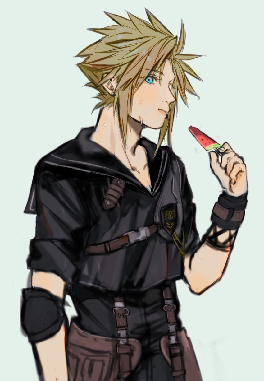 1boy absurdres adam's_apple badge black_sailor_collar blonde_hair blue_eyes cloud_strife cloud_strife_(maritime_sailor) commentary_request eating elbow_pads expressionless facing_to_the_side final_fantasy_vii_ever_crisis fishnet_armwear food green_background hand_up highres holding holding_food holding_popsicle leather_wrist_straps looking_at_viewer male_focus popsicle sailor sailor_collar sekiyu_0h short_hair shoulder_strap sidelocks simple_background single_elbow_pad sleeves_rolled_up solo suspenders sweatdrop upper_body watermelon_bar wet_face wrist_straps