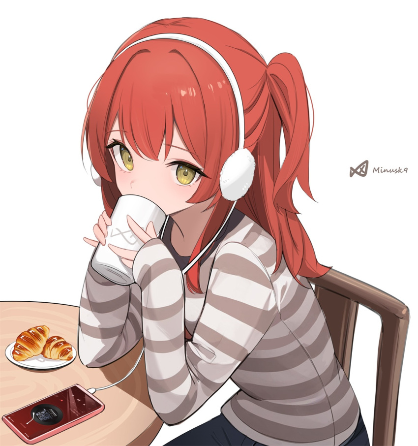 1girl black_pants bocchi_the_rock! brown_eyes cellphone chair commentary_request covered_mouth croissant cup food hands_up headphones highres holding holding_cup kita_ikuyo long_hair long_sleeves looking_at_viewer minusk9 mug on_chair one_side_up pants phone redhead saucer shirt signature simple_background sitting sleeves_past_wrists solo striped_clothes striped_shirt white_background