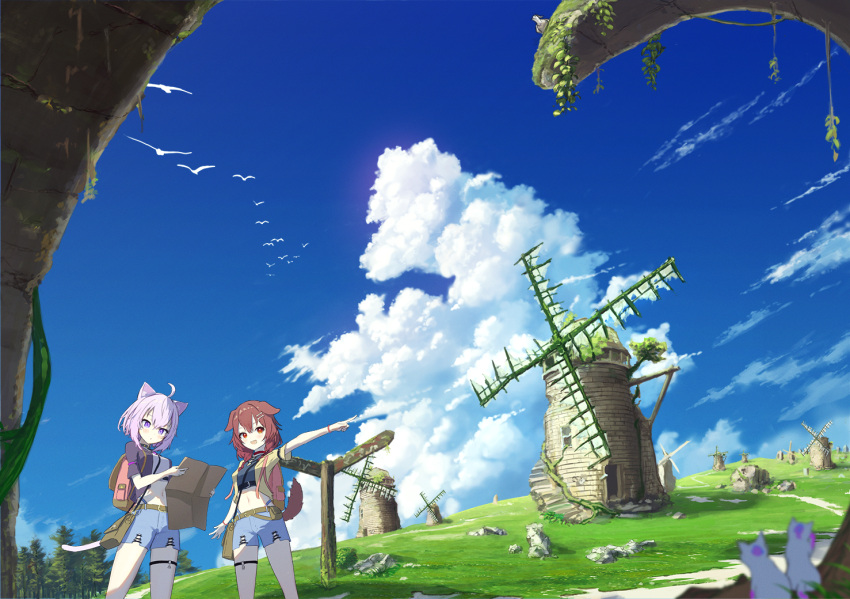 2girls alternate_costume animal_ears backpack bag belt blue_shorts blue_sky bracelet brown_eyes brown_hair cat_ears cat_girl cat_tail clouds cloudy_sky commentary_request cumulonimbus_cloud dog_ears dog_girl dog_tail feet_out_of_frame grass holding holding_map hololive inugami_korone jewelry map multiple_girls nekomata_okayu nokisaki_nibosi outdoors partial_commentary pointing purple_hair ruins scenery short_sleeves shorts sky standing tail violet_eyes virtual_youtuber wide_shot windmill