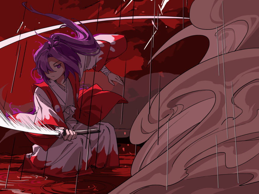 1girl ambiguous_red_liquid bandages commentary fighting_stance floating_hair hair_over_one_eye hakama hakama_pants highres japanese_clothes kaigen_1025 kataginu kimono long_hair meira_(touhou) pants ponytail purple_hair rain ripples solo swinging sword touhou touhou_(pc-98) violet_eyes weapon