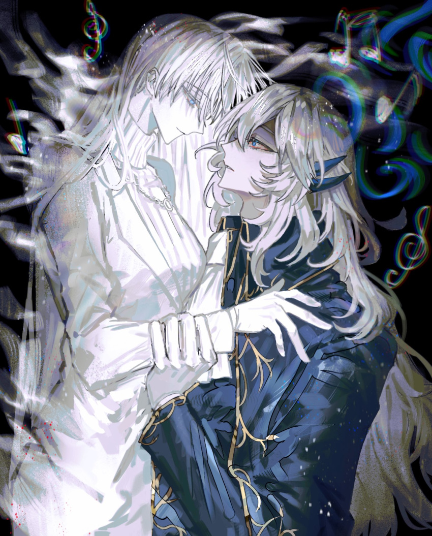 1boy 1girl angelica_(project_moon) argalia_(project_moon) ascot blue_cape blue_eyes blue_jacket brother_and_sister cape closed_mouth ghost gold_trim haloyxxxxxxx highres holding_another's_wrist jacket library_of_ruina long_hair long_sleeves music parted_lips project_moon siblings sidelocks smile spoilers sweater upper_body very_long_hair white_ascot white_hair white_jacket white_sweater