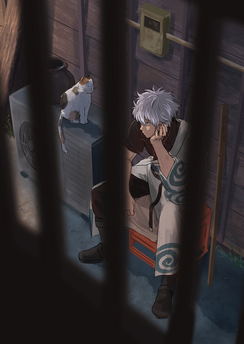 1boy absurdres air_conditioner alley belt boots cat commentary gintama hand_on_own_chin head_rest highres japanese_clothes outdoors sakata_gintoki shooogun sitting sword weapon white_hair wooden_sword