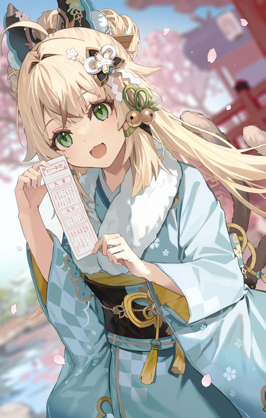 1girl ahoge animal_ears aqua_kimono belt blurry blurry_background cat_ears cat_girl cat_tail falling_petals genshin_impact green_eyes hair_ornament highres holding japanese_clothes kimono kirara_(genshin_impact) kirara_(post_office)_(genshin_impact) long_hair long_sleeves looking_at_viewer motto_(night_wear) multicolored_hair multiple_tails nekomata official_alternate_costume open_mouth outdoors petals sidelocks smile solo streaked_hair tail