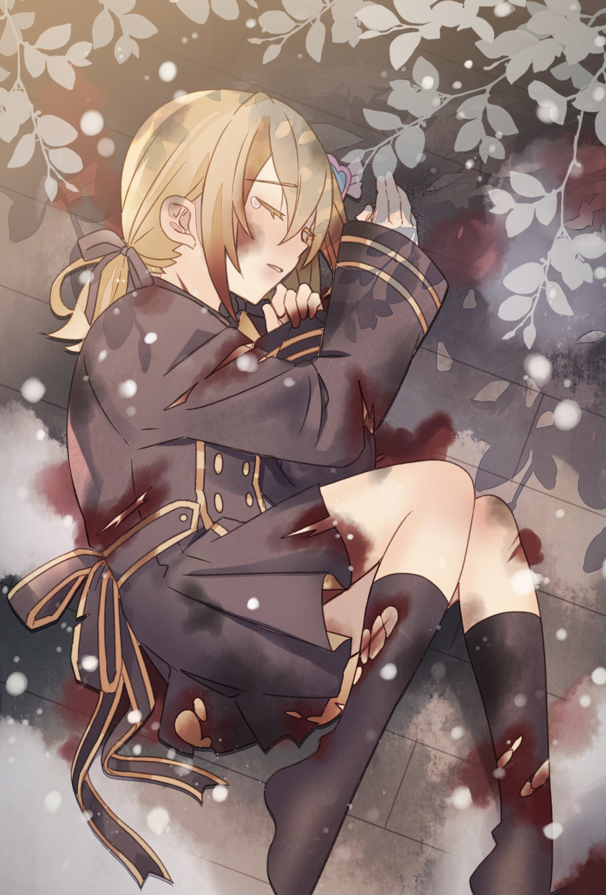 1girl absurdres black_dress blonde_hair blood blood_on_face buttons closed_eyes dress foliage hair_ornament hairclip highres injury kneehighs lily_alicia_cornelius lying novel_illustration official_art on_side ponytail ribbon ruco second-party_source snow snowing socks solo tears the_4_sigils_-_the_malice_of_winter torn_clothes