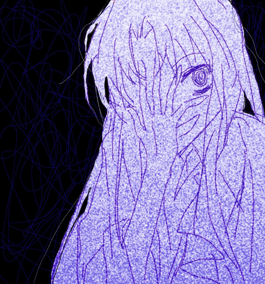 1other @_@ androgynous chinese_commentary clause_(len'en) commentary_request crazy_eyes film_grain fuluola_xiaoyao hand_over_eye highres len'en long_hair monochrome open_mouth other_focus parted_bangs purple_theme sketch sleeves_past_elbows smile solo