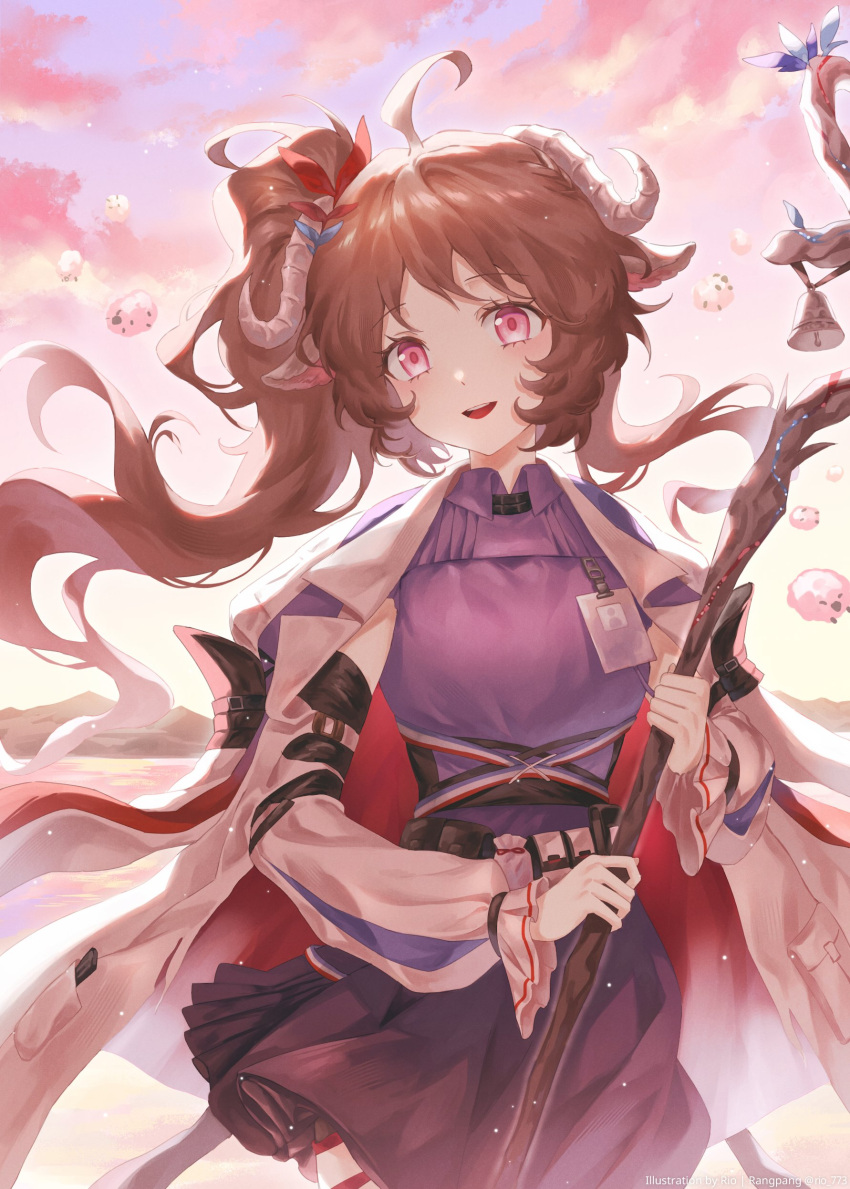 1girl absurdres ahoge animal_ears arknights breasts brown_hair clouds coat commentary cowboy_shot eyjafjalla_(arknights) eyjafjalla_the_hvit_aska_(arknights) gradient_sky highres holding holding_staff horns id_card long_sleeves looking_at_viewer medium_breasts open_clothes open_coat open_mouth pink_clouds pink_eyes pink_sky purple_shirt purple_sky rio_(rio773) sheep sheep_ears sheep_girl sheep_horns shirt side_ponytail sky smile solo staff wavy_hair white_coat