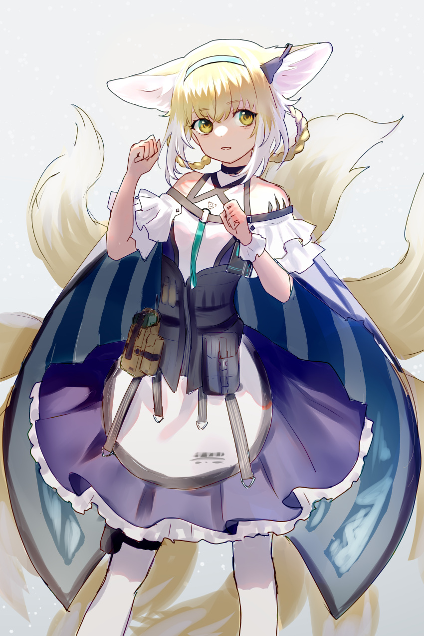 1girl absurdres animal_ears arknights blonde_hair blue_dress blue_hairband braid braided_hair_rings clenched_hand commentary dress fox_ears fox_girl fox_tail hair_rings hairband highres kitsune kyuubi large_ears long_hair looking_at_viewer multicolored_clothes multicolored_dress multicolored_hair multiple_tails oci0o oripathy_lesion_(arknights) pouch single_wrist_cuff solo standing suzuran_(arknights) tail white_dress white_hair wrist_cuffs yellow_eyes