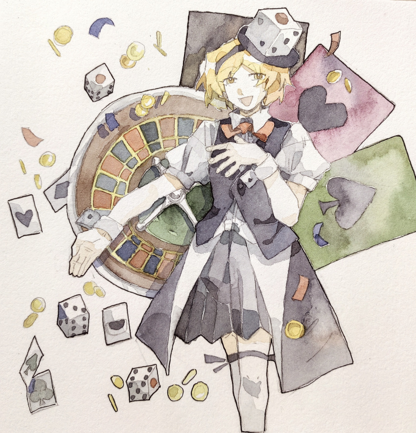 1other aaayamitsu absurdres androgynous black_skirt black_trim black_vest blonde_hair bow bowtie card center_frills chinese_commentary coin commentary_request dice dice_hair_ornament eye_of_senri frills hair_ornament highres len'en open_mouth other_focus playing_card pleated_skirt puffy_short_sleeves puffy_sleeves red_bow red_bowtie shirt short_hair short_sleeves skirt smile socks solo vest white_shirt white_socks white_wrist_cuffs wrist_cuffs xeno_a yellow_eyes