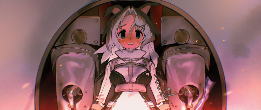 1girl animal_ears astronaut black_eyes bodysuit brown_hair chest_harness crying crying_with_eyes_open dog_ears dog_girl english_commentary grey_background grey_hair hair_intakes hair_ornament hairpin harness high_collar highres laika_(dog) long_hair long_sleeves looking_at_viewer multicolored_hair open_mouth original personification solo soreeyu_(sore-yu) spacecraft spacecraft_interior tears upper_body white_bodysuit