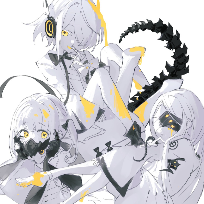 3girls black_mask black_tail blindfold blue_archive colored_skin covered_eyes dress ein_(blue_archive) extra_pupils hair_over_one_eye highres late_02 long_hair long_sleeves mask mechanical_hands mechanical_tail medium_hair multiple_girls ohr_(blue_archive) respirator short_hair sof_(blue_archive) symbol-shaped_pupils tail twintails white_dress white_hair white_skin wide_sleeves x-shaped_pupils yellow_eyes