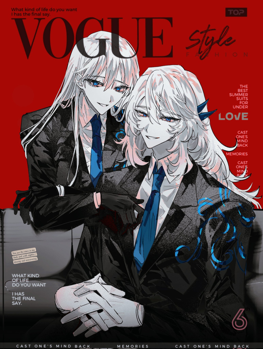 1boy 1girl angelica_(project_moon) argalia_(project_moon) black_gloves black_jacket blue_eyes blue_necktie brother_and_sister collared_shirt gloves highres jacket library_of_ruina long_hair long_sleeves looking_at_viewer necktie open_mouth project_moon shirt siblings sitting smile very_long_hair white_gloves white_hair white_shirt