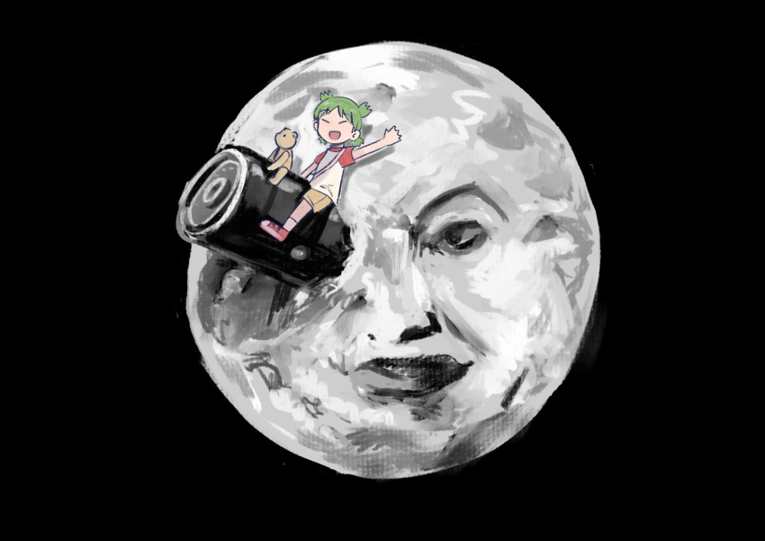 1girl a_trip_to_the_moon arm_up black_background brown_shorts child closed_eyes crash crossover facing_viewer green_hair highres koiwai_yotsuba lips looking_at_another medium_hair moon one_eye_closed open_mouth parted_lips potsato quad_tails raglan_sleeves raised_eyebrows red_footwear riding riding_rocket rocket rocket_ship shirt shorts simple_background sitting socks spacecraft stuffed_animal stuffed_toy teddy_bear waving white_socks wide_shot yotsubato!