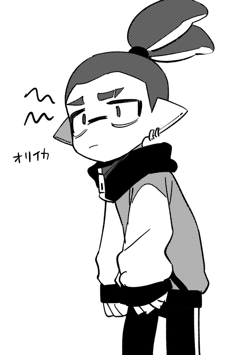 1boy arms_at_sides bags_under_eyes closed_mouth earrings feet_out_of_frame frown greyscale highres inkling inkling_boy jacket jewelry long_sleeves looking_ahead male_focus menma_(enaic31) monochrome multiple_earrings simple_background sketch sleeves_past_wrists solo splatoon_(series) thick_eyebrows translation_request zipper_pull_tab