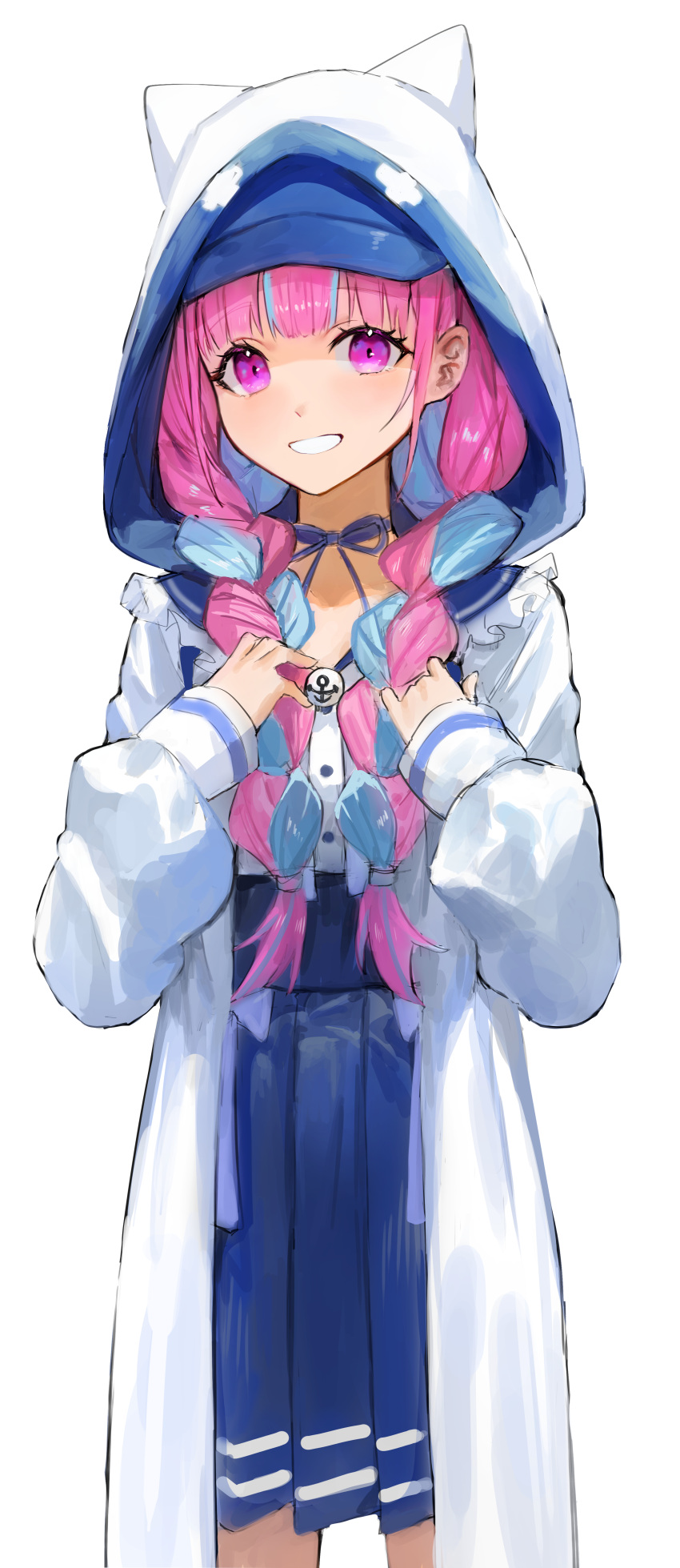 1girl absurdres animal_hood blue_choker blue_hair blue_sailor_collar blue_skirt braid cat_hood choker commentary_request feet_out_of_frame frilled_sailor_collar frills hands_up high-waist_skirt highres hololive hood hood_up hooded_jacket jacket kaze_22 korean_commentary long_hair long_sleeves looking_at_viewer minato_aqua minato_aqua_(sailor) multicolored_hair official_alternate_costume open_clothes open_jacket pink_hair pleated_skirt ribbon_choker sailor_collar sailor_shirt school_uniform serafuku shirt simple_background skirt smile solo standing streaked_hair twin_braids twintails two-tone_hair very_long_hair violet_eyes virtual_youtuber white_background white_shirt