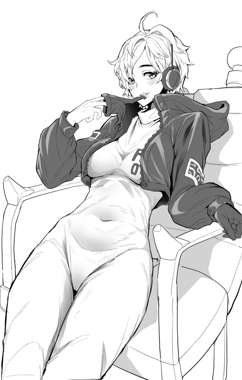 1girl armchair black_gloves black_jacket blush bodysuit chair commentary earpiece gloves greyscale hair_over_one_eye highres jacket leather leather_jacket mipoog monochrome one_piece open_clothes open_jacket short_hair simple_background sitting smile solo vegapunk_lilith white_background