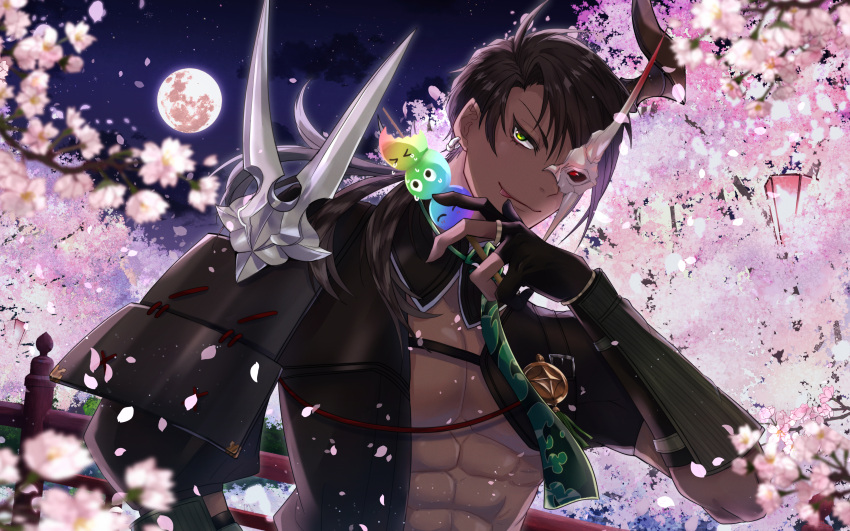 1boy abs absurdres aragami_oga black_gloves black_hair cherry_blossoms dark-skinned_male dark_skin earrings falling_petals full_moon gloves green_eyes half_gloves highres holostars horns jacket jewelry looking_at_viewer low_ponytail mask_over_one_eye moon muscular muscular_male necktie night night_sky omaesan_(aragami_oga) open_clothes open_jacket partially_fingerless_gloves pectorals petals ring sasago335 single_horn sky slit_pupils smile standing star_(sky) starry_sky tongue tongue_out tree upper_body virtual_youtuber