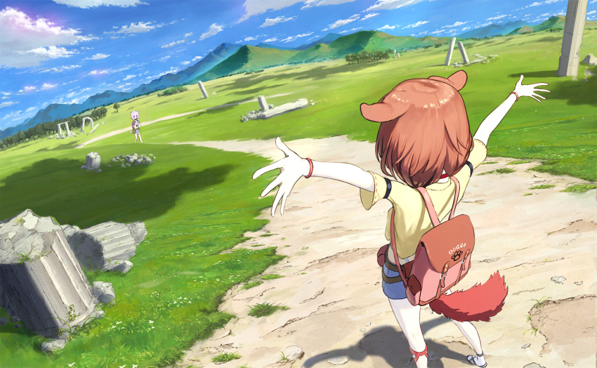 2girls alternate_costume backpack bag blue_shorts blue_sky bracelet brown_bag brown_hair clouds cloudy_sky column commentary_request day dog_girl dog_tail from_behind grass hololive inugami_korone jewelry mountainous_horizon multiple_girls nekomata_okayu nokisaki_nibosi outdoors outstretched_arms partial_commentary pillar ruins shirt shorts sky spread_arms standing tail trail virtual_youtuber walking wide_shot yellow_shirt