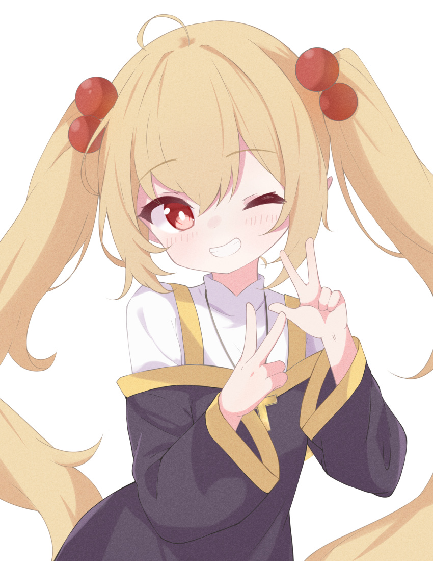 absurdres blonde_hair commentary_request commission double_v grin hair_between_eyes highres one_eye_closed original partial_commentary pixiv_commission red_eyes rokukarashi simple_background smile twintails upper_body v white_background