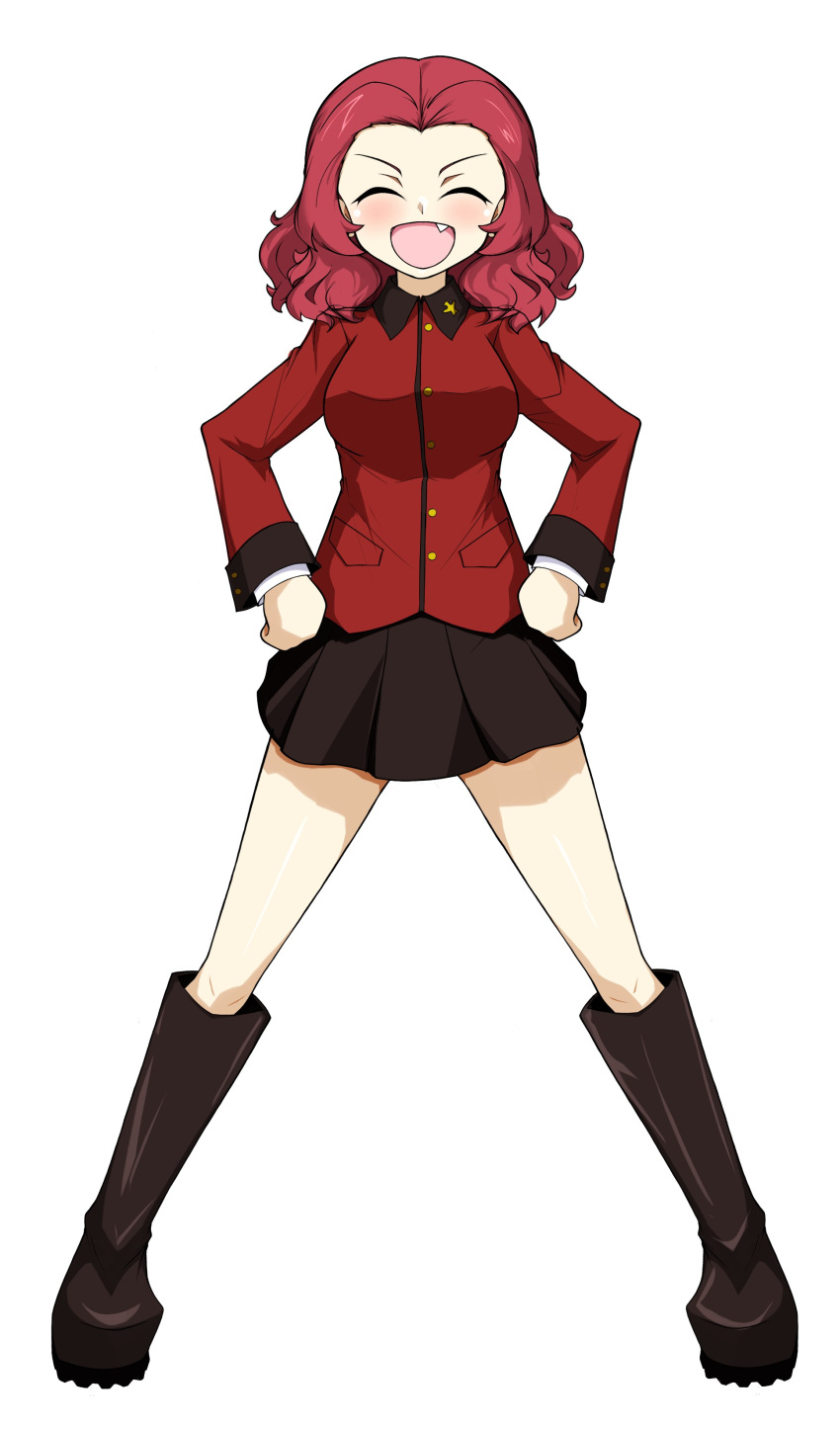 1girl :d absurdres black_footwear black_skirt boots closed_eyes commentary facing_viewer fang full_body girls_und_panzer hands_on_own_hips highres jacket knee_boots legs_apart long_sleeves medium_hair military_uniform miniskirt open_mouth pleated_skirt red_jacket redhead rosehip_(girls_und_panzer) shibainutank simple_background skirt smile solo st._gloriana's_military_uniform standing uniform white_background