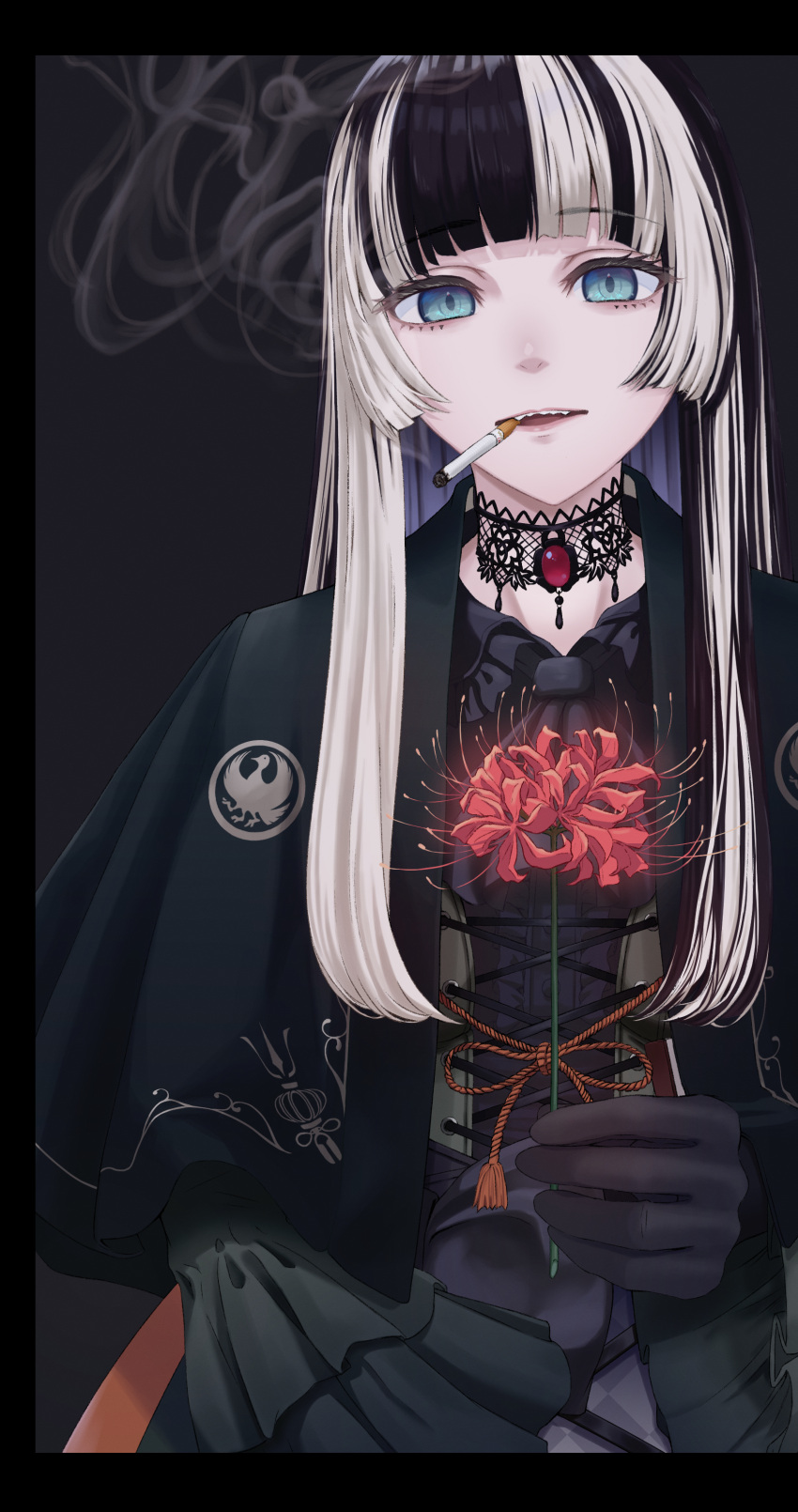 1girl absurdres black_hair blue_eyes blunt_bangs choker cigarette flower highres holding holding_flower hololive hololive_dev_is juufuutei_raden lace lace_choker long_hair looking_at_viewer multicolored_hair parted_lips sharp_teeth sidelocks smoke smoking solo spider_lily streaked_hair teeth theo_tartaros two-tone_hair virtual_youtuber