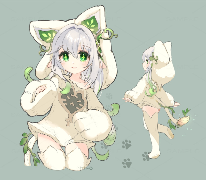 1girl alternate_costume animal_hands animal_hood cat_hood fake_tail genshin_impact gloves gradient_hair green_eyes green_hair grey_hair hood long_hair looking_at_viewer multicolored_hair multiple_views nahida_(genshin_impact) paw_gloves paw_print plant pointy_ears simple_background smile standing standing_on_one_leg symbol-shaped_pupils tail thigh-highs toro_astro vines white_hood white_thighhighs