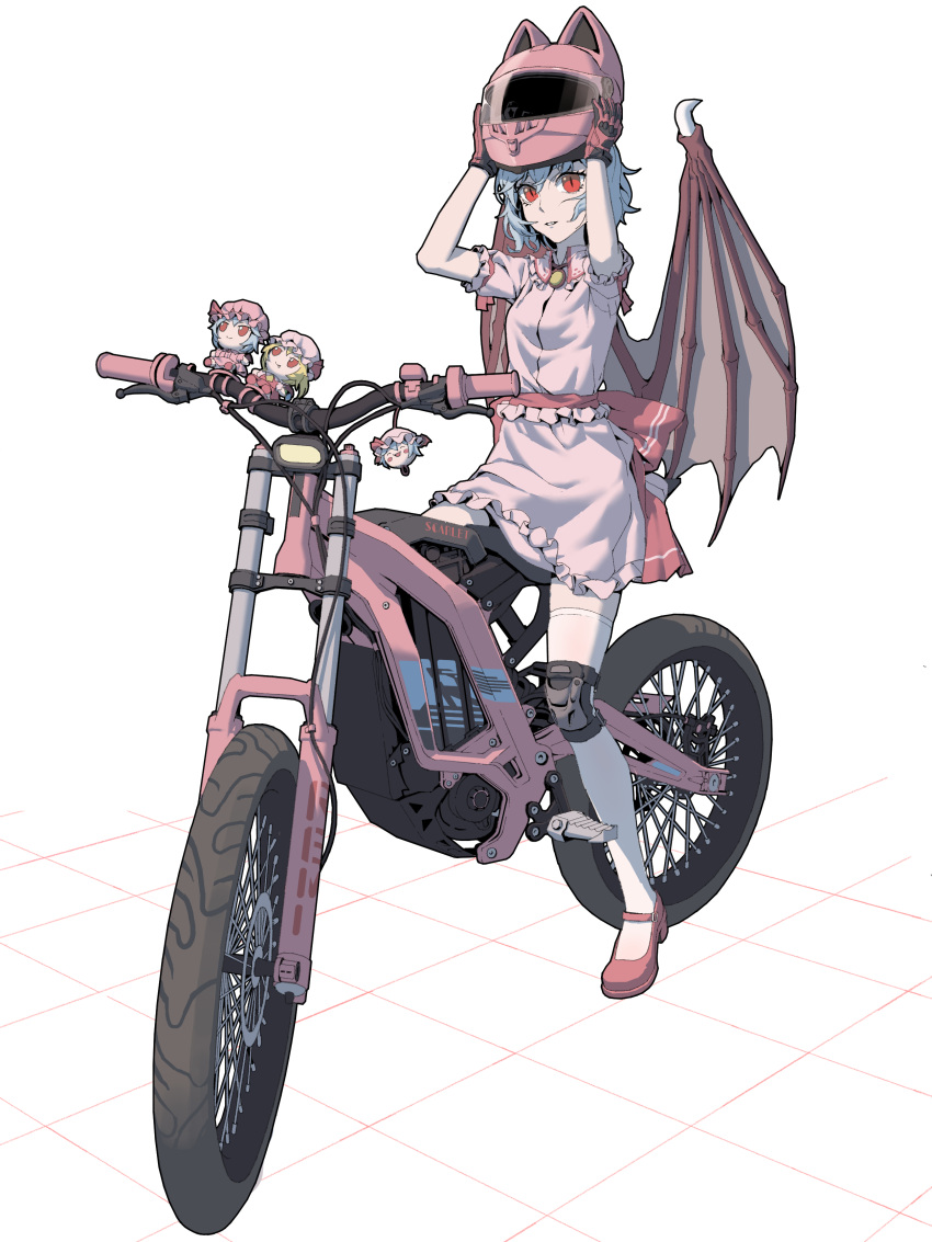 1girl absurdres animal_ears_helmet arms_up bicycle blue_hair bow cat_helmet collared_shirt demon_wings frilled_shirt_collar frilled_skirt frilled_sleeves frills full_body fumo_(doll) gloves grid highres knee_pads looking_at_viewer mary_janes parted_lips pink_headwear pink_shirt pink_skirt red_eyes red_footwear red_gloves remilia_scarlet removing_helmet riding riding_bicycle shirt shoes short_hair short_sleeves skirt sleeve_garter slit_pupils solo thigh-highs touhou waist_bow white_background white_thighhighs wings youpofen yukkuri_shiteitte_ne