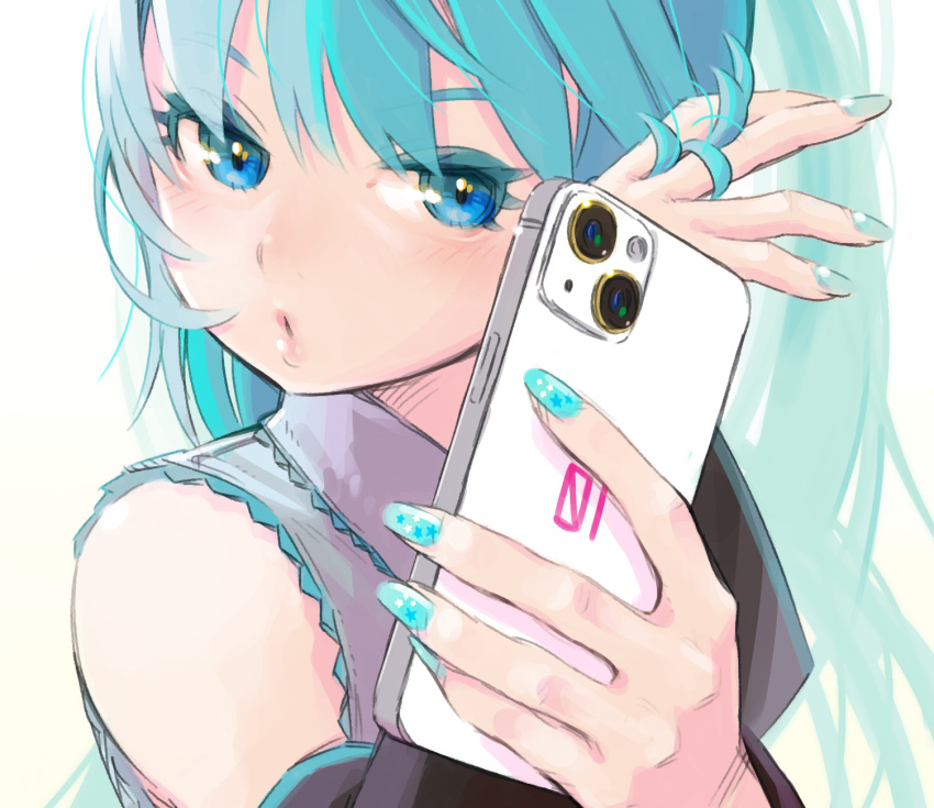 1girl adjusting_hair aqua_hair aqua_nails bare_shoulders blue_eyes cellphone collared_shirt colored_eyelashes commentary_request detached_sleeves grey_shirt hand_in_own_hair hands_up hatsune_miku highres long_hair nail_art phone picogames_off puckered_lips shirt sideways_glance simple_background solo upper_body vocaloid white_background