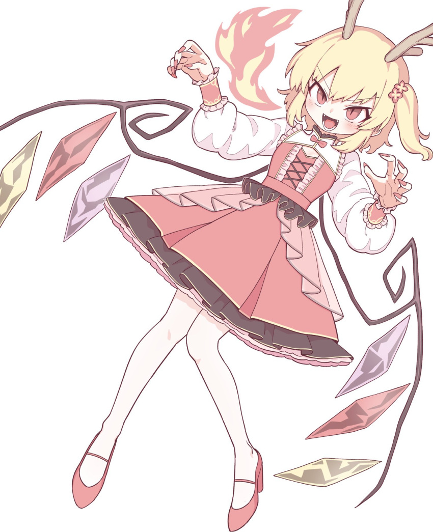 1girl :d antlers blonde_hair commentary_request crystal dress flandre_scarlet frilled_cuffs frilled_skirt frills full_body hands_up high_heels highres long_sleeves looking_at_viewer one_side_up oninamako open_mouth red_dress red_eyes red_footwear red_nails short_hair simple_background skirt smile solo teeth touhou v-shaped_eyebrows white_background wings
