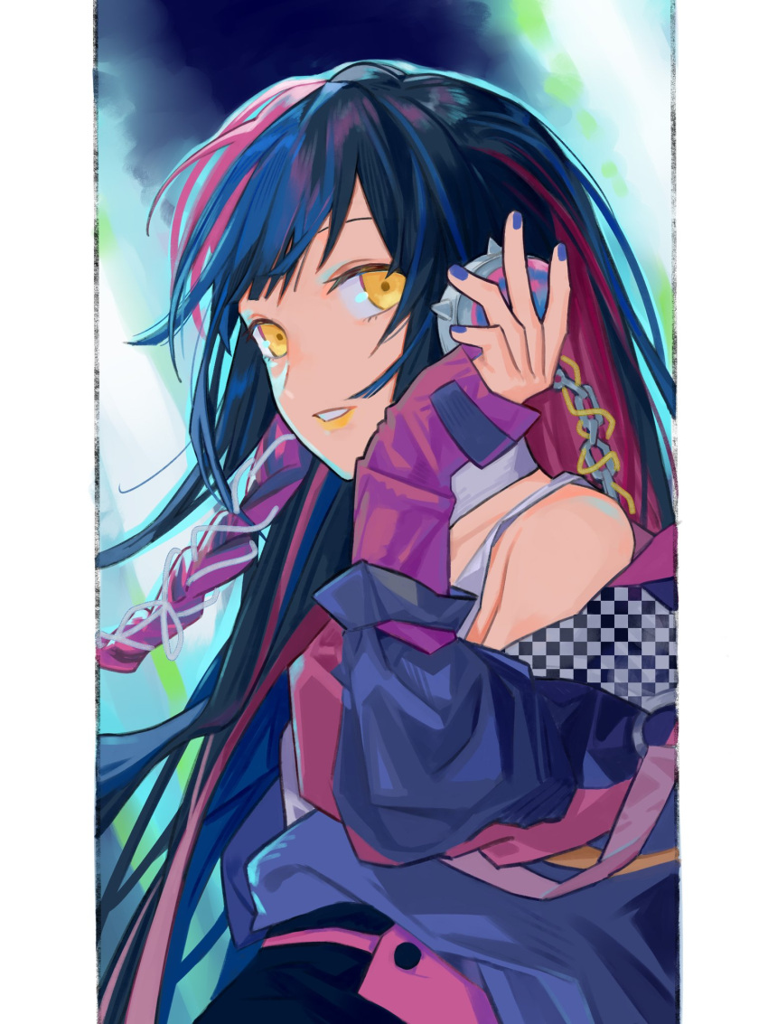 1girl abstract_background black_hair blue_background blue_hair blue_jacket blue_nails braid chain changjingliu_ren_ren checkered_clothes checkered_jacket commentary floating_hair from_side grin hand_on_headphones hand_up harusaruhi headphones highres jacket kamitsubaki_studio long_hair looking_at_viewer looking_to_the_side multicolored_clothes multicolored_hair multicolored_jacket pillarboxed red_jacket redhead shoulder_strap side_braid smile solo tank_top upper_body virtual_youtuber white_tank_top yellow_eyes yellow_lips